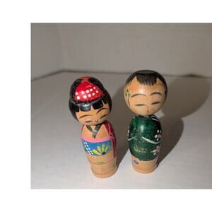 Lot of 2 Vintage Miniature Wooden Kokeshi Dolls Japanese Complete